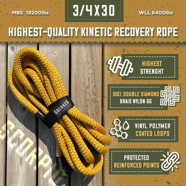 Greaker Limited Edition Kinetic Recovery Tow Rope Heavy Duty Offroad - Unique 4x4 Style (Gold Sahara, 3/4" x30')