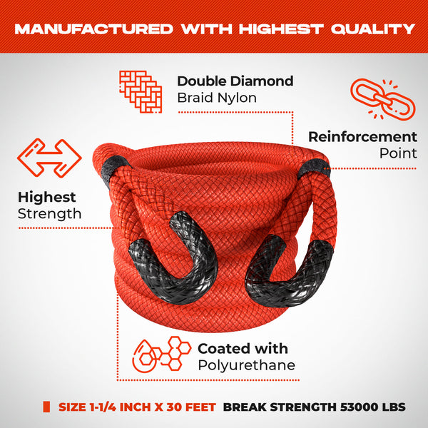 Heavy Duty Kinetic Recovery Rope - Miolle 1-1/4" x 30' Tow Rope, Red (53000 lbs), with 2 Spectra Fiber Soft Shackles 9/16' x 10" (54000 lbs)