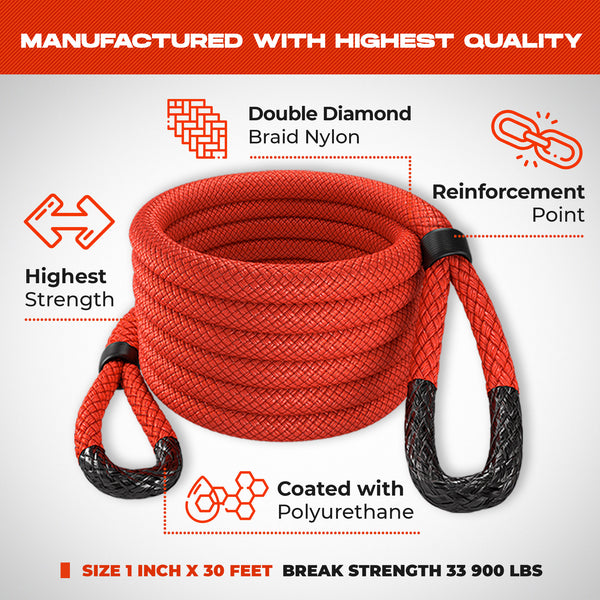 Kinetic Recovery Rope - Miolle 1"x30' Red (33,900 lbs), with 2 Spectra Fiber Soft Shackles 3/8' x 6" (35000 lbs)