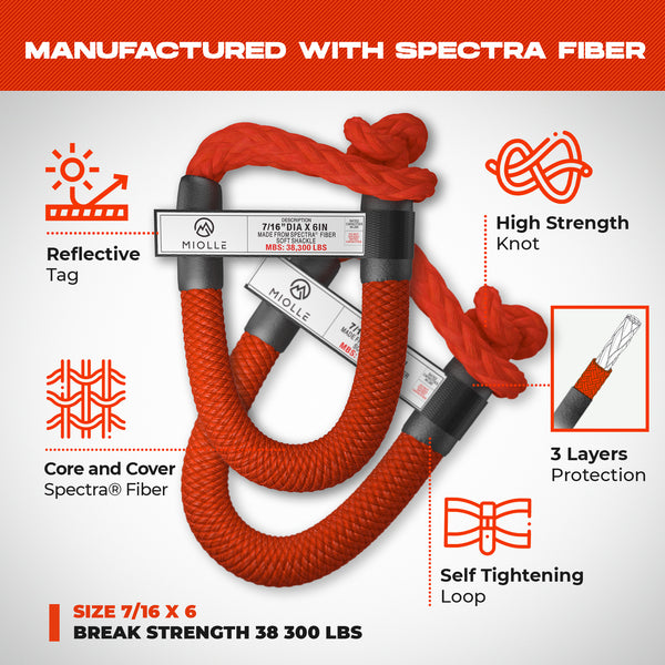 Kinetic Recovery Rope - Miolle 7/8"x30' Red (MBS-29,300 lbs), with 2 D-Ring Shackles 3/4 (MBS-41800lbs)