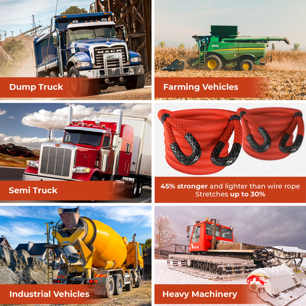Super Heavy Duty Kinetic Recovery Rope - Miolle 2" x 30' Tow Rope, Red (131,600 lbs) for Heavy Equipment