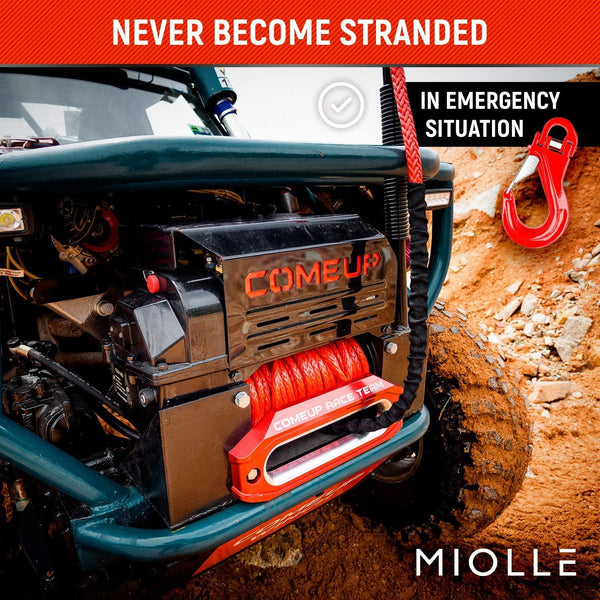 Miolle Pre-streched 1/4 Inch x 50 Feet 8200LBs (Lab Tested) Synthetic Winch Line Cable Rope with Most Advanced Hook, Rubber Stopper and Black Protecting Sleeve for 4x4 - Miolle