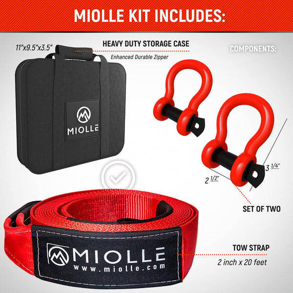 Miolle Tow Strap 2”x20’- 20990 lbs MBS (Lab Tested) Recovery Strap Kit includes: Tow Rope, 2 D-Ring Shackles 5/8 MBS- 28640LBS, Storage Case