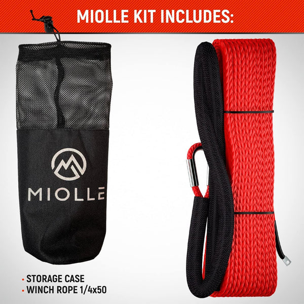 Miolle Pre-streched 1/4 Inch x 50 Feet 8200LBs (Lab Tested) Synthetic Winch Line Cable Rope with Black Protective Sleeve for Off-Road Vehicle ATV UTV - Miolle