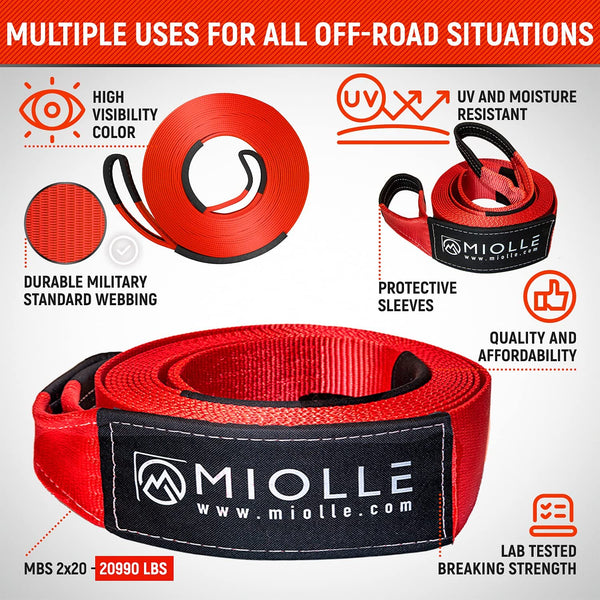 Miolle Tow Strap 2”x20’- 20990 lbs MBS (Lab Tested) Recovery Strap Kit includes: Tow Rope, 2 D-Ring Shackles 5/8 MBS- 28640LBS, Storage Case