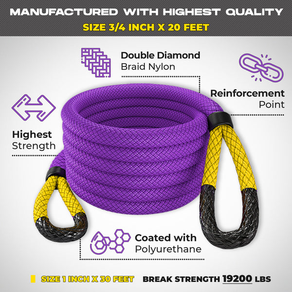 Miolle Kinetic Recovery Tow Rope 3/4" x 20' (19200lbs) with 2 Bow Shackle 3/4 (41800 lbs) fits Your Car, Truck, SUV, Jeep, ATV, UTV, Or Snowmobile (Metal Shackles)