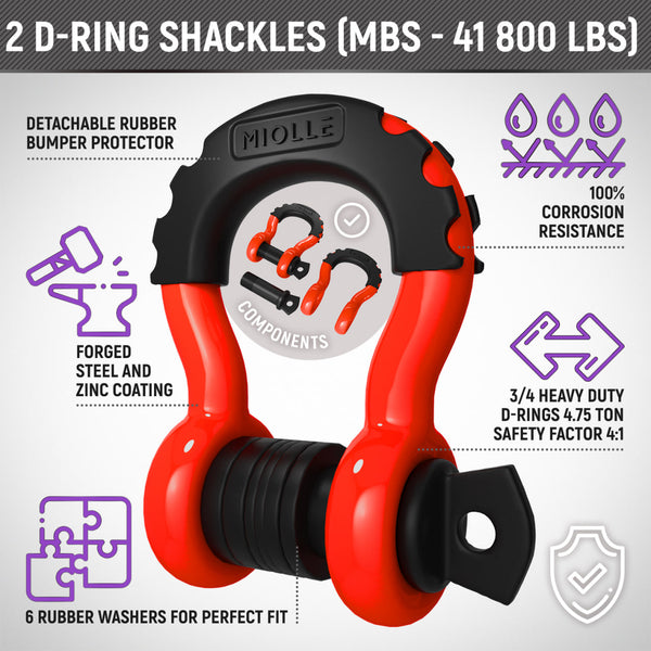 Miolle Kinetic Recovery Tow Rope 3/4" x 20' (19200lbs) with 2 Bow Shackle 3/4 (41800 lbs) fits Your Car, Truck, SUV, Jeep, ATV, UTV, Or Snowmobile (Metal Shackles)