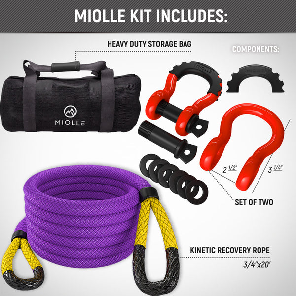 Miolle Kinetic Recovery Tow Rope 3/4" x 20' (19200lbs) with 2 Bow Shackle 3/4 (41800 lbs) fits Your Car, Truck, SUV, Jeep, ATV, UTV, Or Snowmobile (Metal Shackles)
