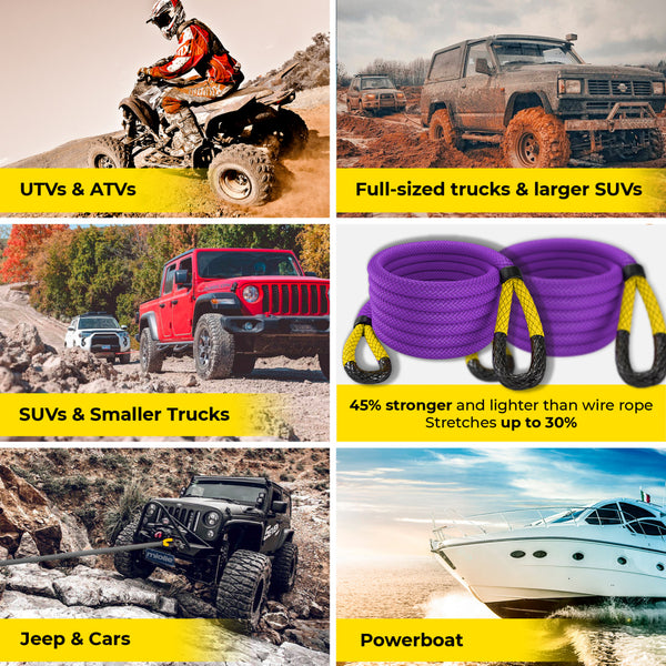 Miolle Kinetic Recovery Tow Rope 3/4" x 20' (19200lbs) with 2 Bow Shackle 3/4 (41800 lbs) fits Your Car, Truck, SUV, Jeep, ATV, UTV, Or Snowmobile (Metal Shackles)