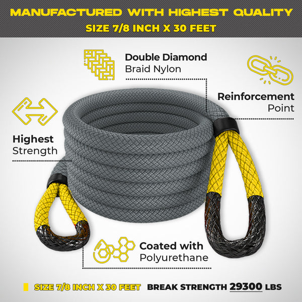 Kinetic Recovery Rope - Miolle 7/8"x30' Red (MBS-29,300 lbs), with 2 D-Ring Shackles 3/4 (MBS-41800lbs)