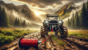 ATV equipped with MIOLLE Synthetic Winch Line navigating rugged terrain, highlighting the winch line