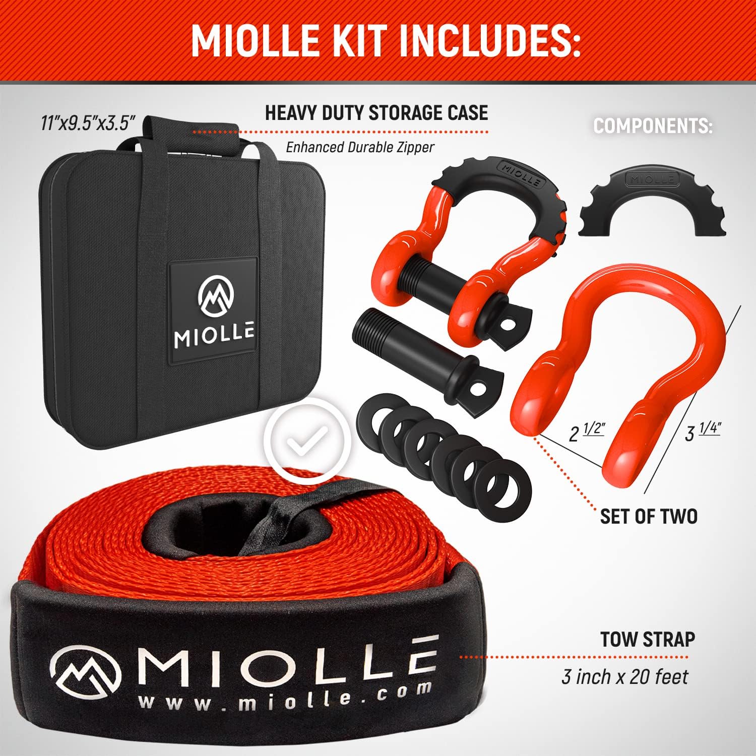 Miolle Tow Strap 3”x20' with Loops and D-Ring Hook Shackles Tow Rope