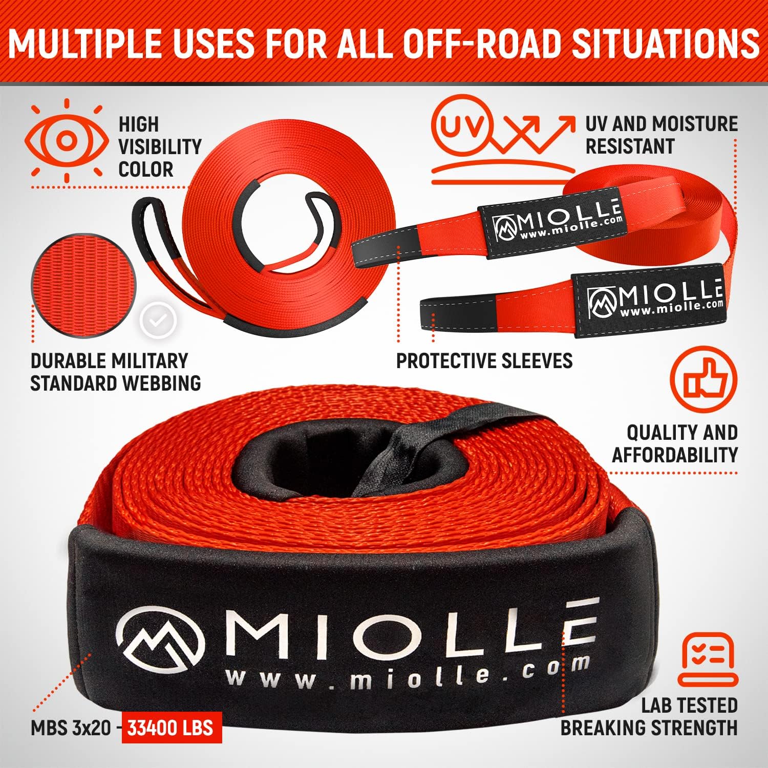 Miolle Tow Strap 3”x20' with Loops and D-Ring Hook Shackles Tow Rope