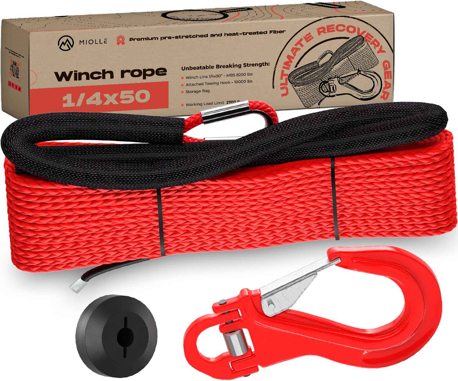 1/2x100Ft 32000lbs Synthetic Winch Rope Winch Line Cable Rope w/Hook for  4WD US