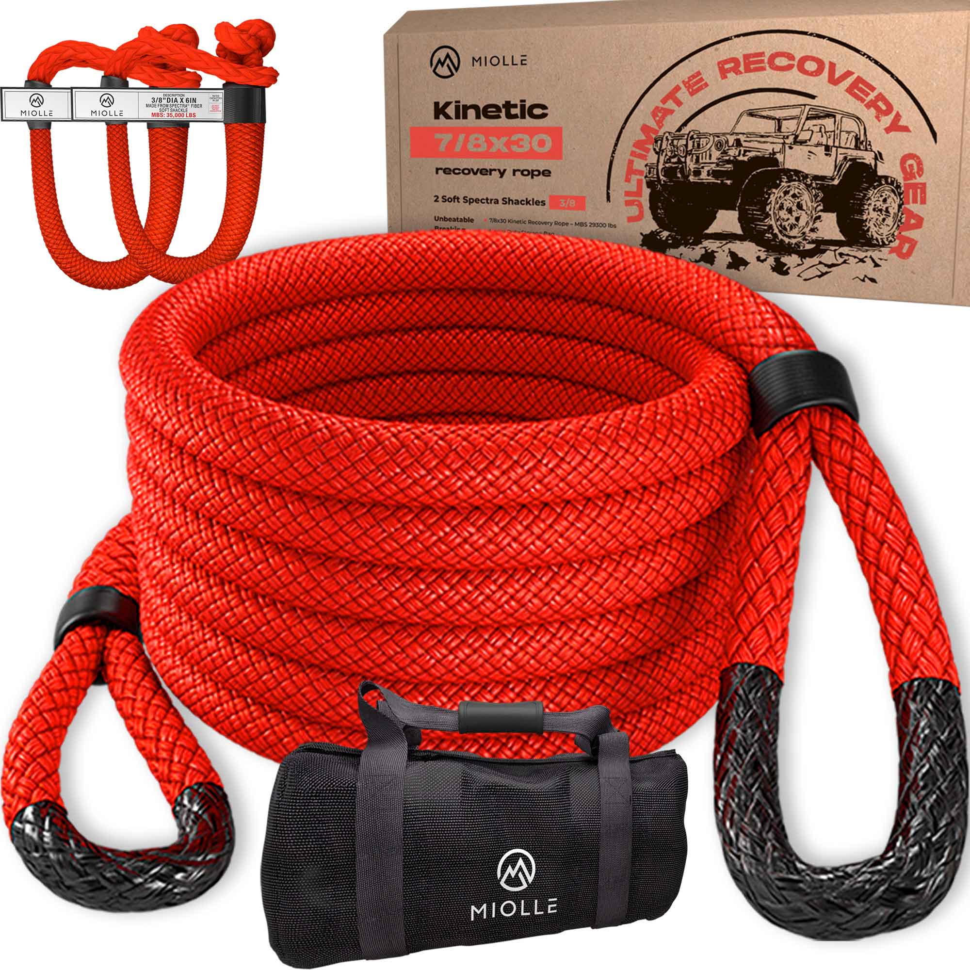 Kinetic Recovery Rope - Miolle 7/8x30' Red (29,300 lbs), with 2 Spect
