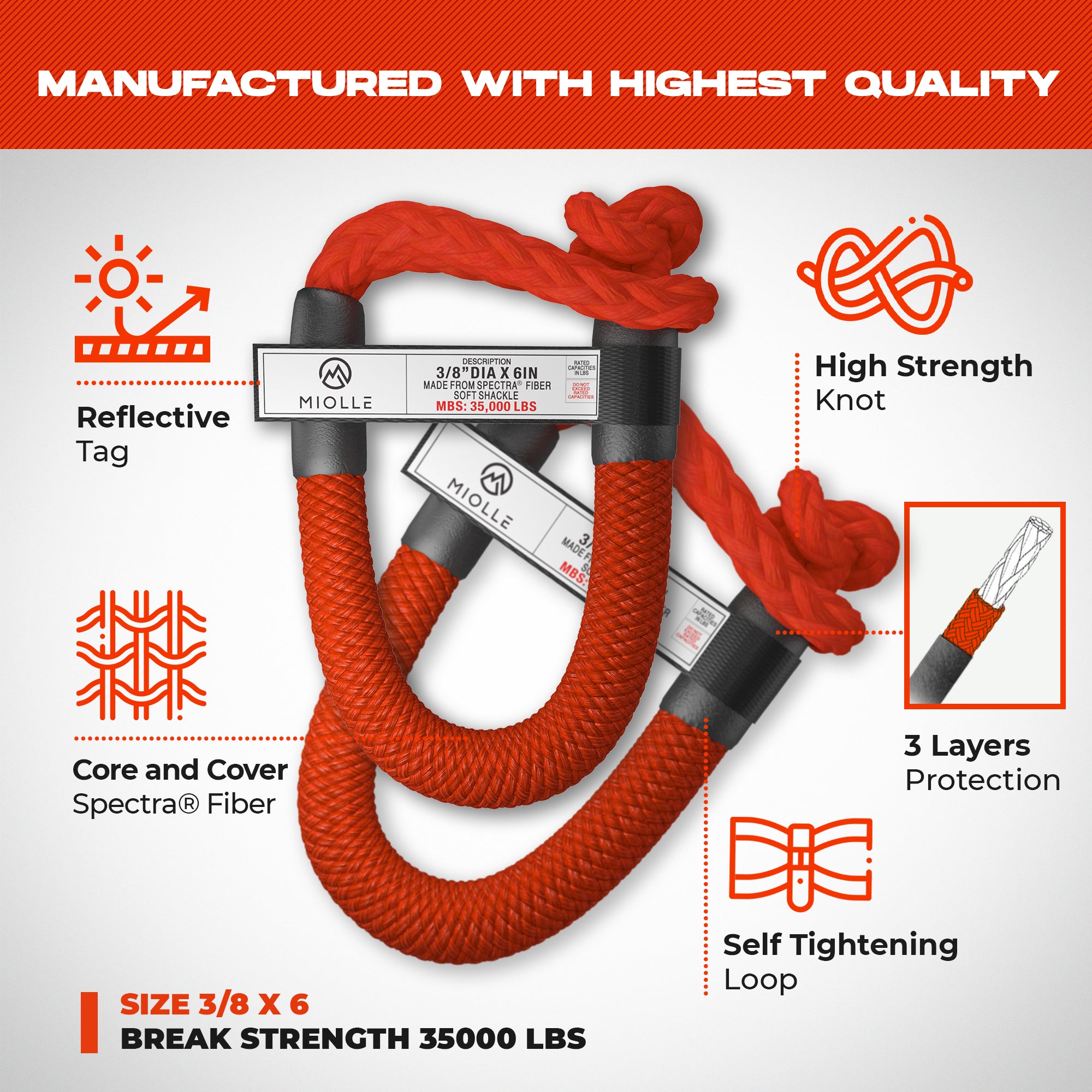 Kinetic Recovery Rope - Miolle 1x30' Red (33,900 lbs), with 2 Spectra