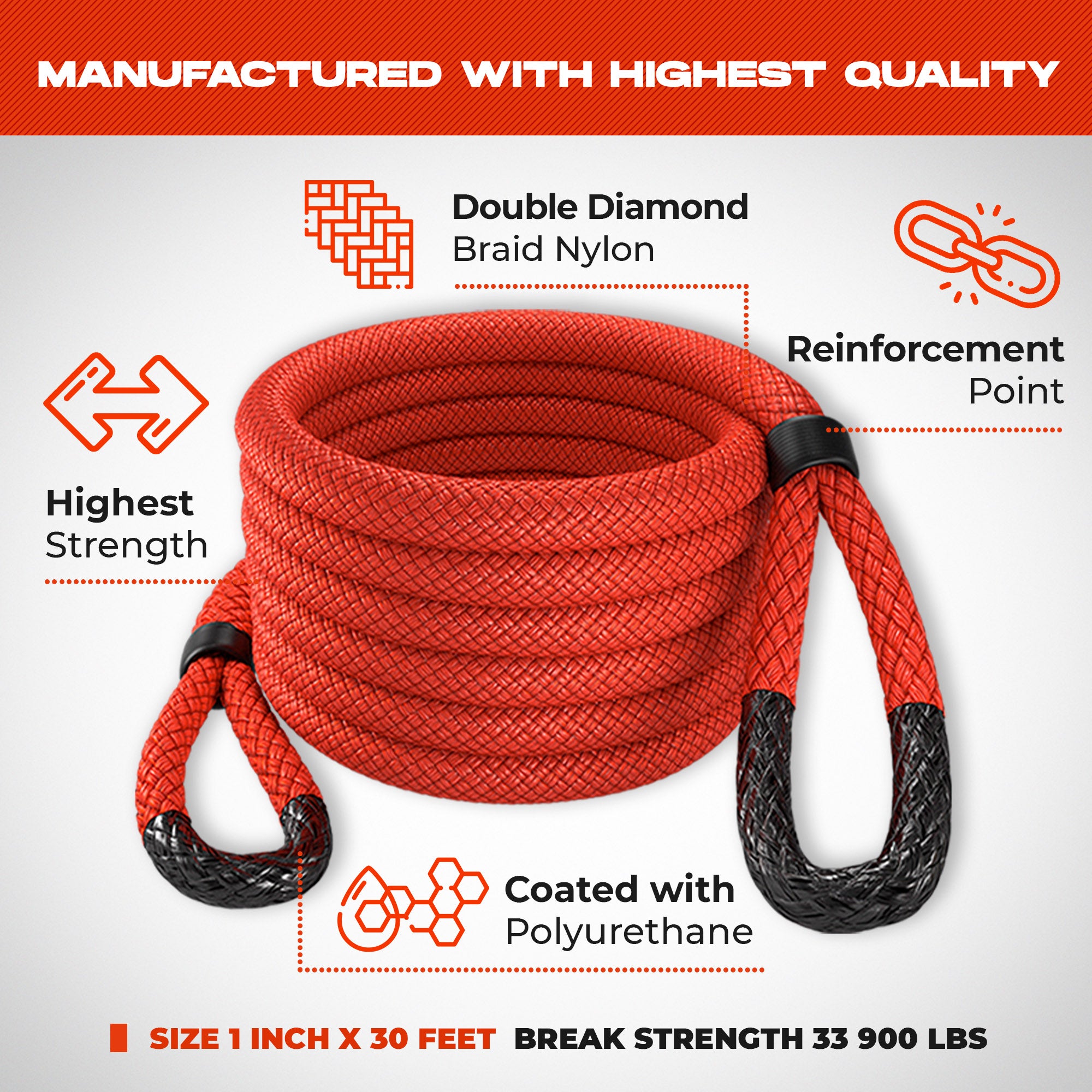 Kinetic Recovery Rope - Miolle 1x30' Red (33,900 lbs), with 2 Spectra