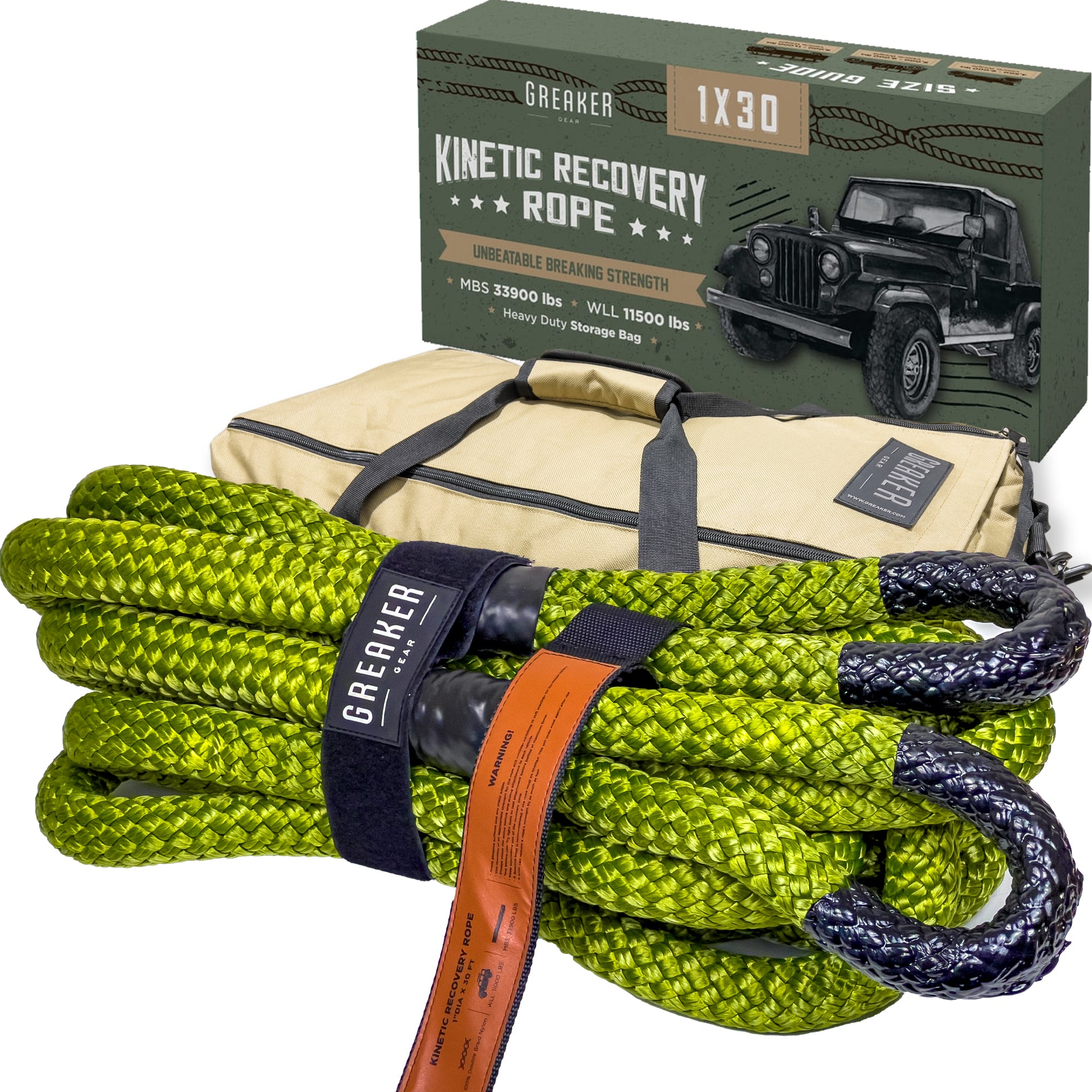 Limited Edition Greaker Kinetic Recovery Tow Rope Heavy Duty Offroad -  Unique 4x4 Style (Marble Green, 1 x30')