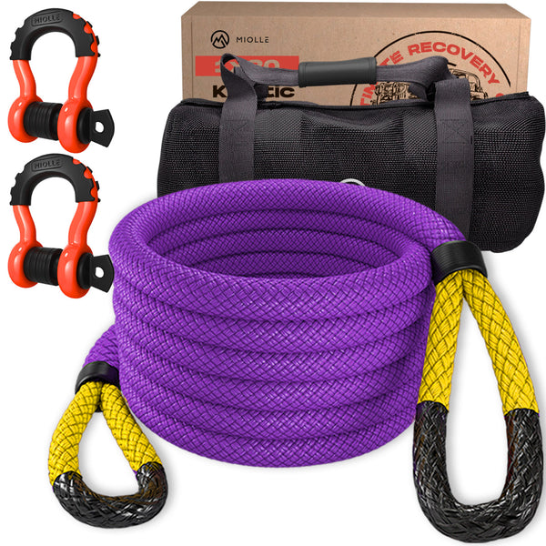 Miolle Kinetic Recovery Tow Rope 3/4" x 20' (19200lbs) with 2 Bow Shackle 3/4 (41800 lbs) fits Your Car, Truck, SUV, Jeep, ATV, UTV, Or Snowmobile (Metal Shackles)