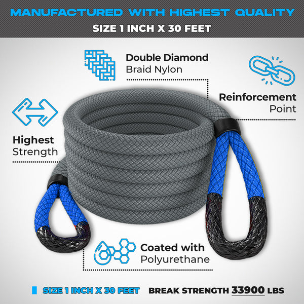 Kinetic Recovery Rope Grey/Blue - Miolle 1"x30' (33,900 lbs), with 2 D-Ring Shackles 3/4