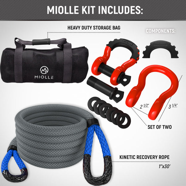 Kinetic Recovery Rope Grey/Blue - Miolle 1"x30' (33,900 lbs), with 2 D-Ring Shackles 3/4