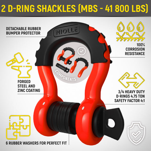 Kinetic Recovery Rope - Miolle 7/8"x30' Red (MBS-29,300 lbs), with 2 D-Ring Shackles 3/4 (MBS-41800lbs)